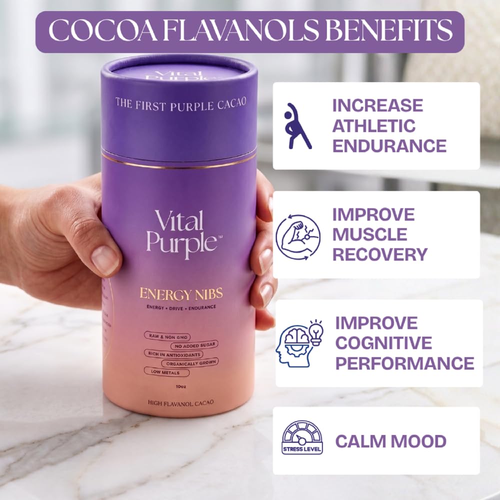 Vital Purple raw cocoa nibs snack demonstrates convenient, crunchy aroma
