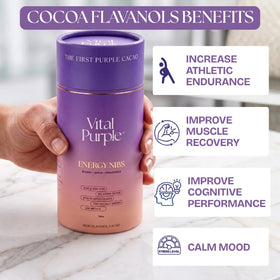 Vital Purple raw cocoa nibs snack demonstrates convenient, crunchy aroma