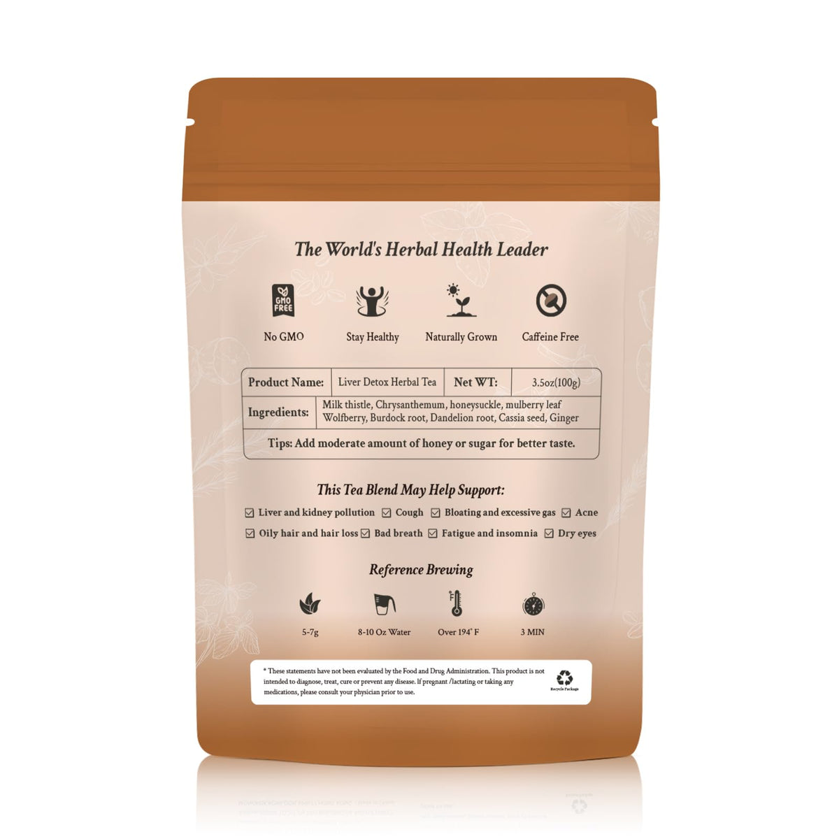 Vital Tea pack front emphasizes Non-GMO and caffeine-free formulation for any time.