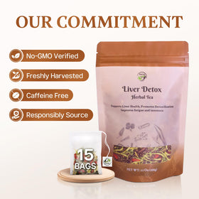 Vital Tea tea bags close-up show biodegradable corn fiber packaging for eco-friendly brewing.