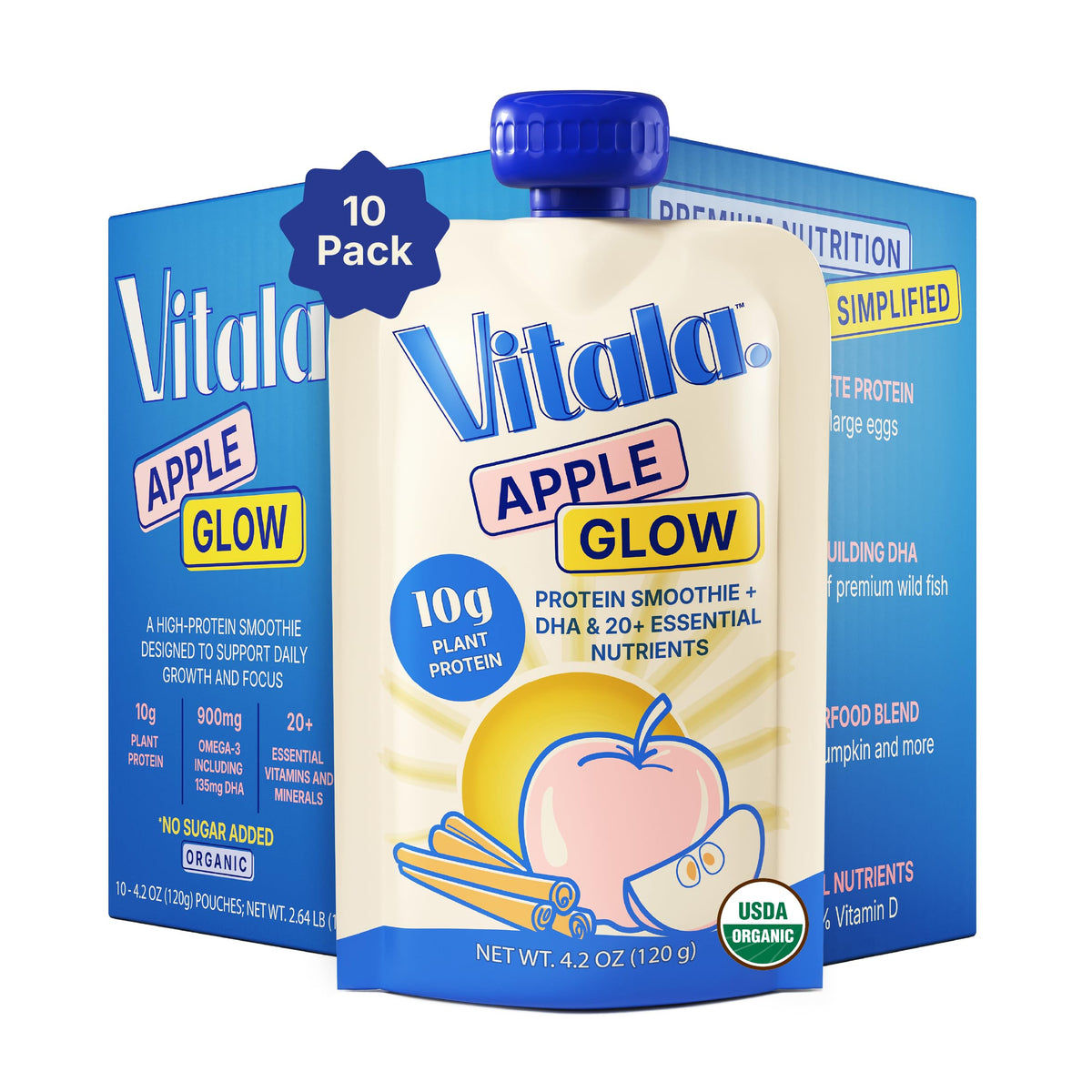 Vitala Apple Glow box front highlighting family-friendly nutrition for busy families.