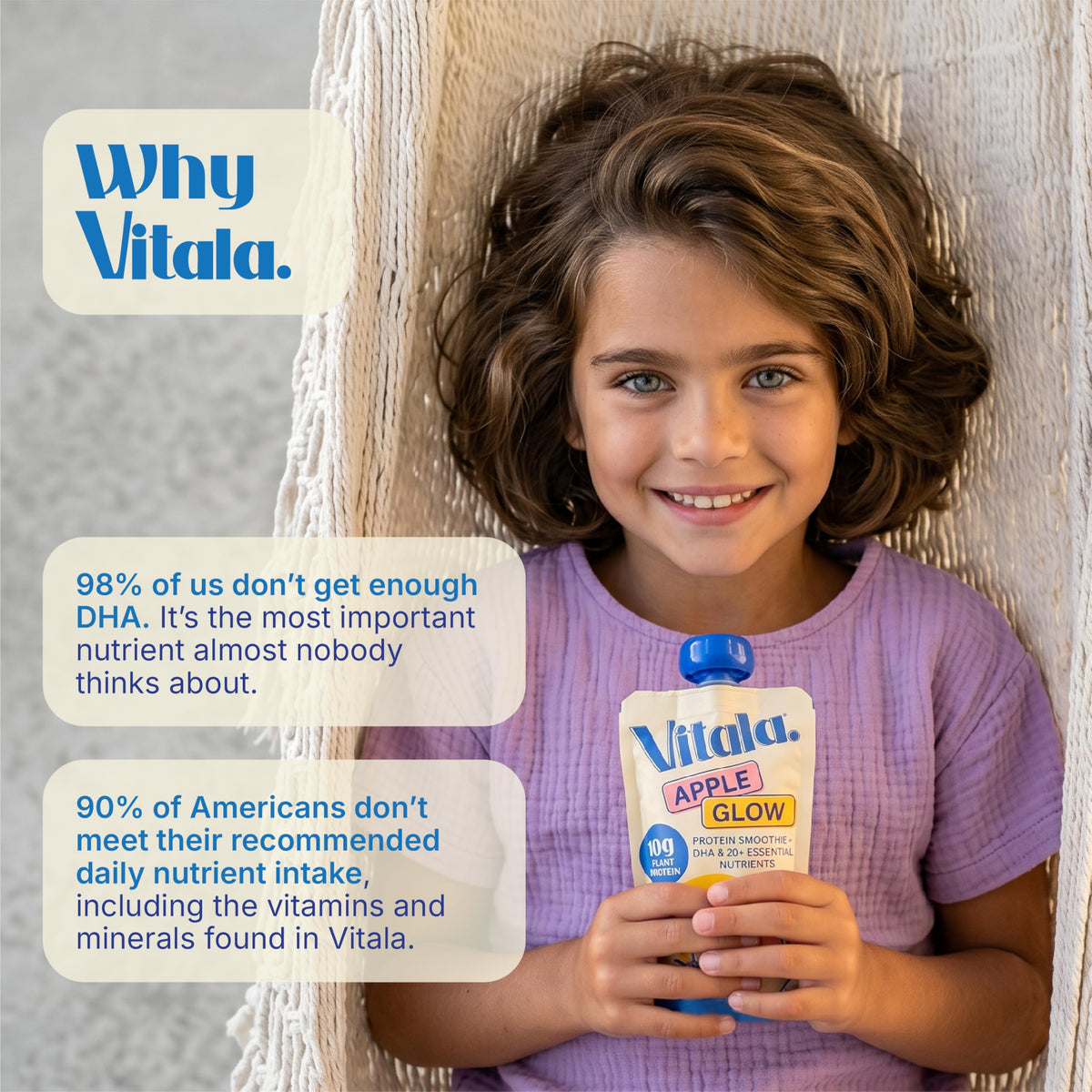 Vitala Apple Glow ingredients panel featuring spinach, fruits, and vegetables.