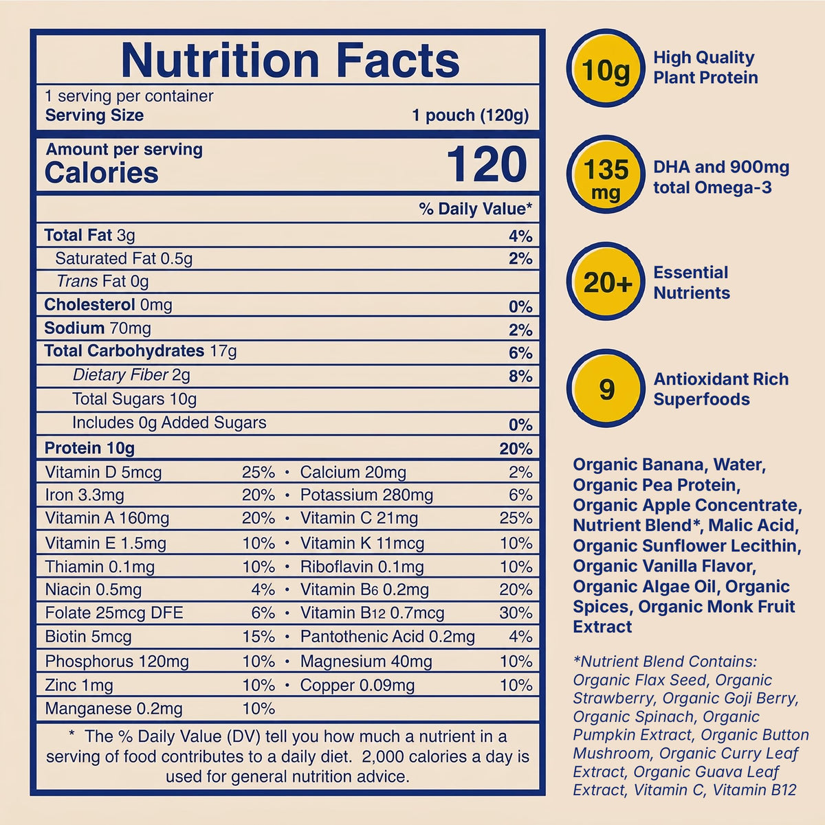 Vitala Apple Glow pouch close-up showing 10g protein per serving.