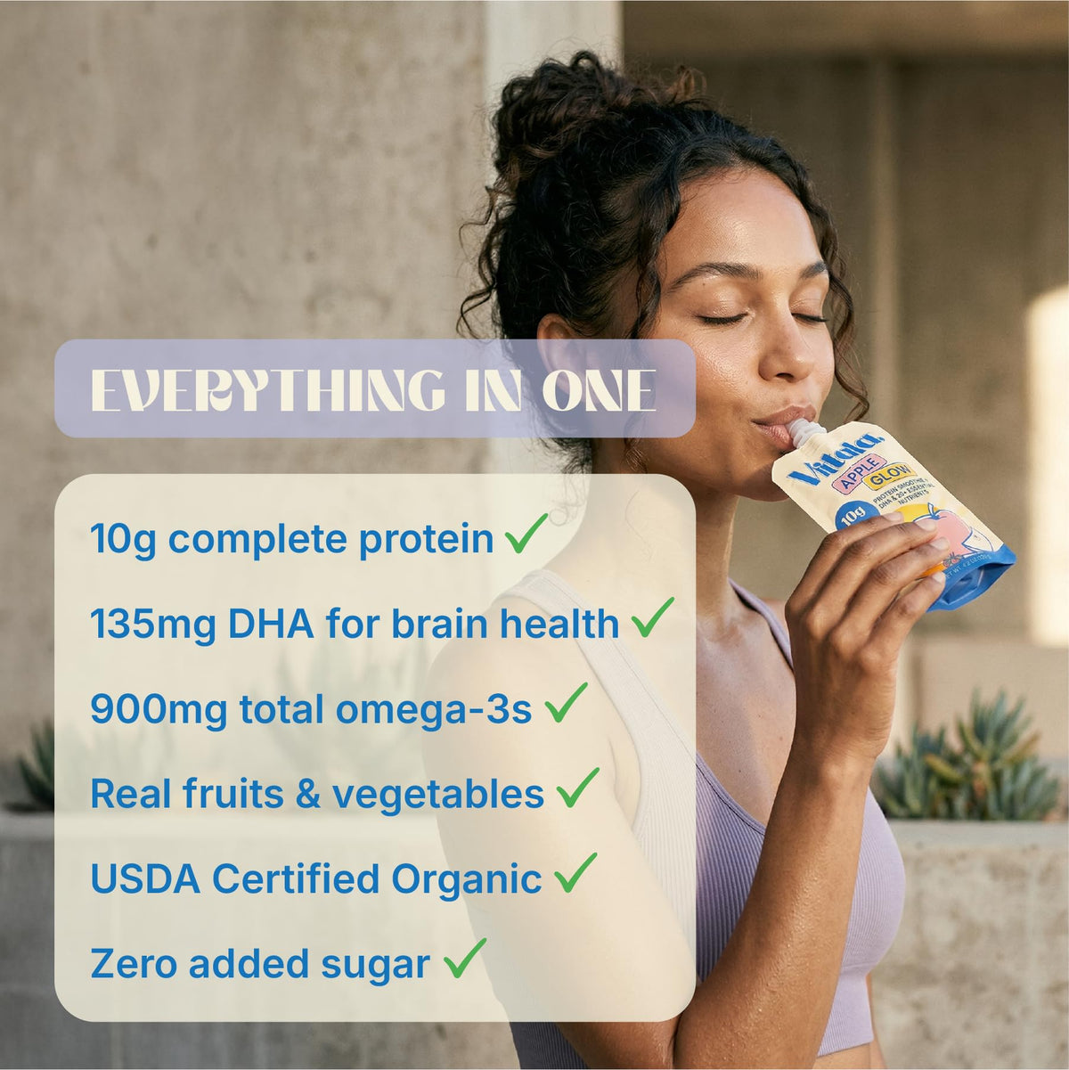 Vitala Apple Glow packaging emphasizes 135mg DHA omega-3 per serving.