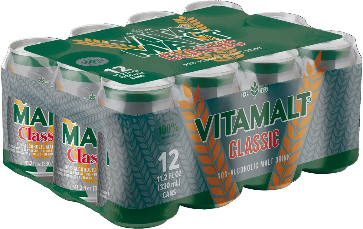 Vitamalt Classic 12-pack cans front view, ideal for family gatherings.