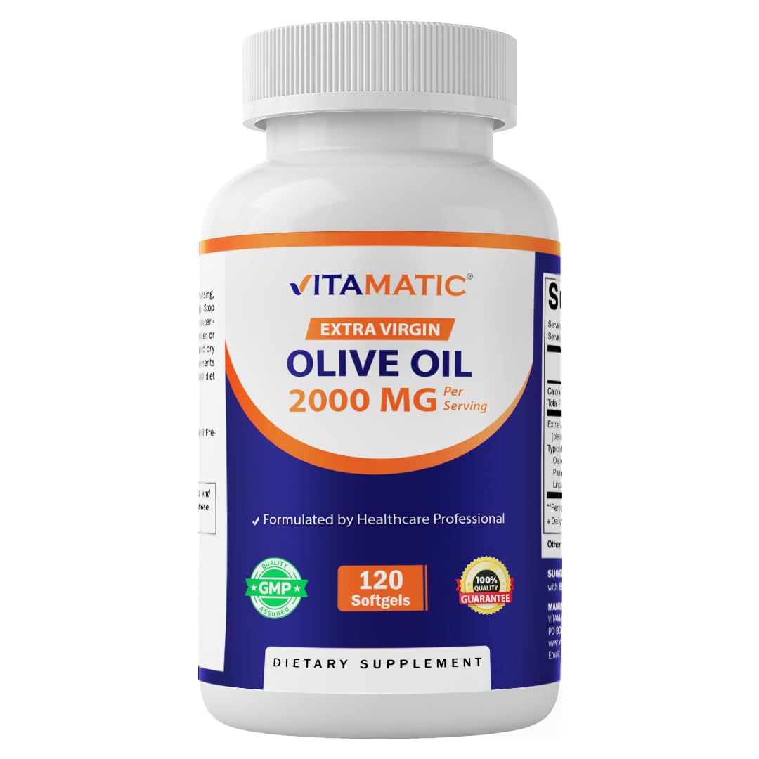 Vitamatic olive oil softgels bottle on kitchen counter for daily routine