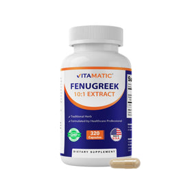 Vitamatic Fenugreek bottle highlights 300 mg per serving for daily supplementation