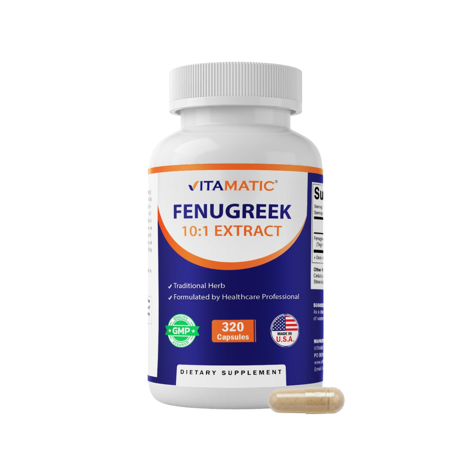 Vitamatic Fenugreek bottle highlights 300 mg per serving for daily supplementation