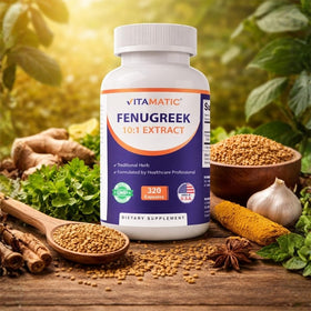 Vitamatic Fenugreek label close-up emphasizes clean label and quality