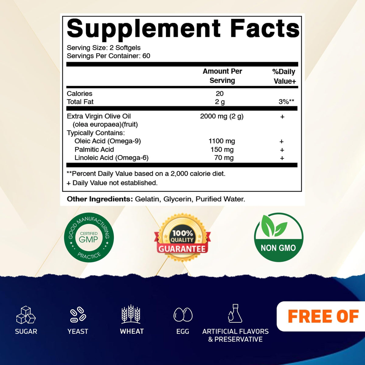Vitamatic olive oil softgels label close-up highlighting GMP quality