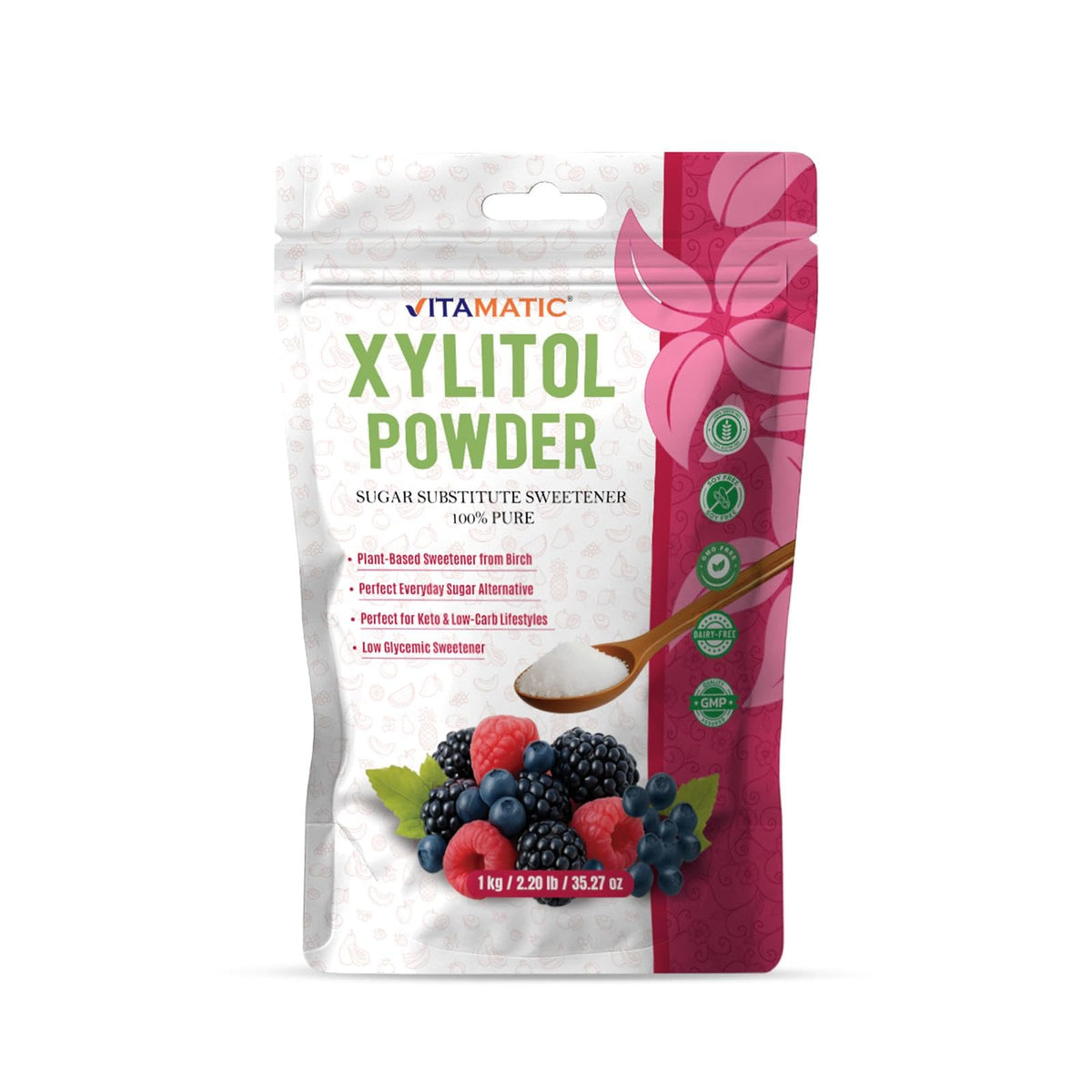 Vitamatic Xylitol Powder bag front shows 1 kg birch-derived keto-friendly sweetness