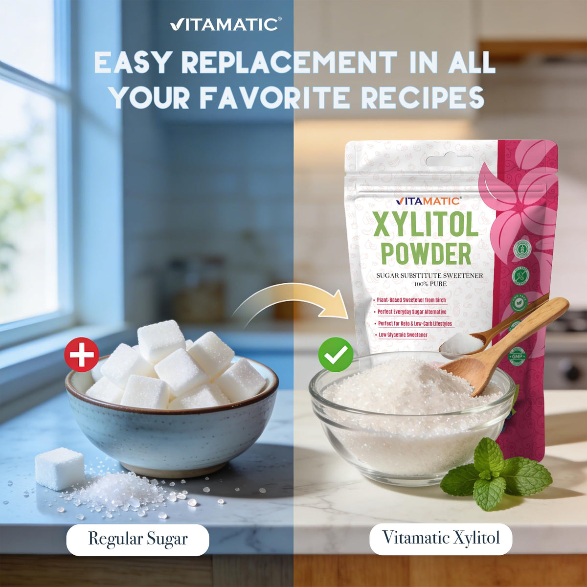 Vitamatic Xylitol Powder in a baking bowl ready for desserts