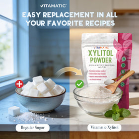 Vitamatic Xylitol Powder in a baking bowl ready for desserts