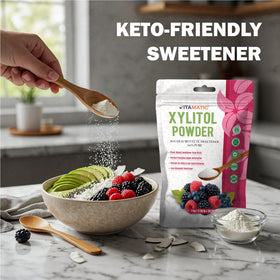 Vitamatic Xylitol Powder stirred into coffee for versatile keto-friendly sweetness