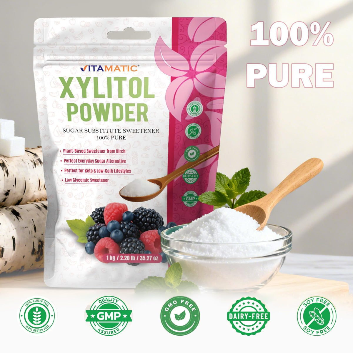 Vitamatic Xylitol Powder on kitchen counter, pantry staple for sugar substitute