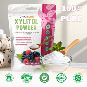 Vitamatic Xylitol Powder on kitchen counter, pantry staple for sugar substitute