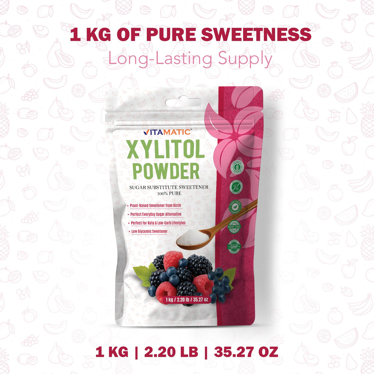 Vitamatic Xylitol Powder with measuring cup demonstrates easy cup-for-cup sweetness