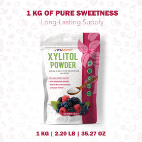 Vitamatic Xylitol Powder with measuring cup demonstrates easy cup-for-cup sweetness