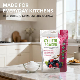 Vitamatic Xylitol Powder packaging close-up emphasizes 1:1 sugar replacement capability