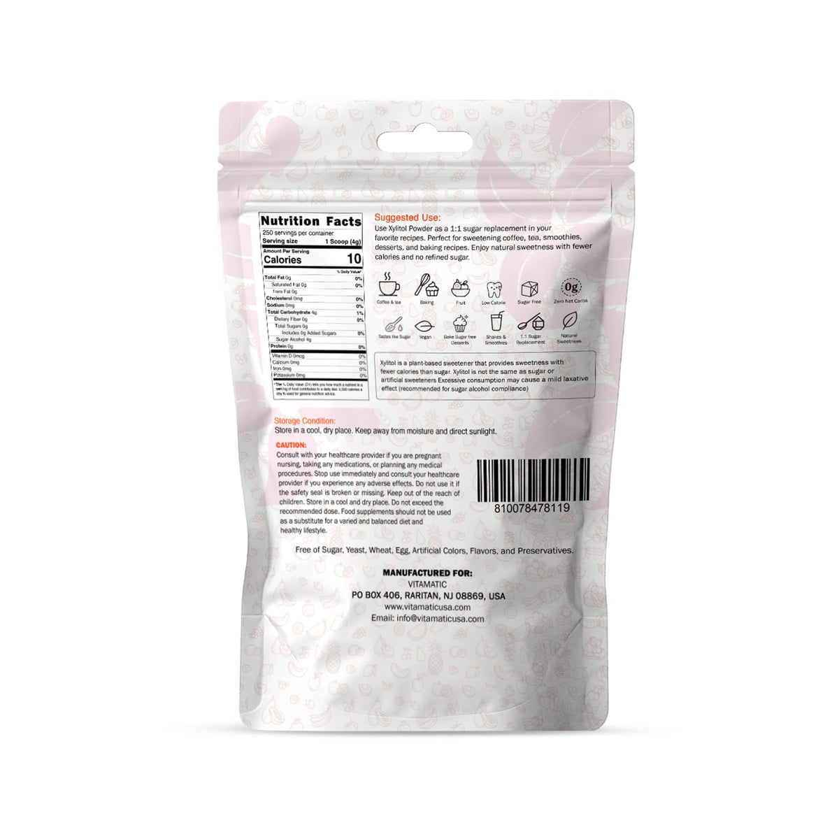Vitamatic Xylitol Powder resealable bag ideal for bulk baking