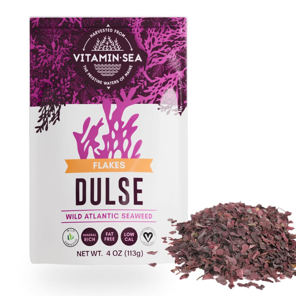 Vitamin Sea dulse dried seaweed flakes in a bag add a savory ocean flavor.