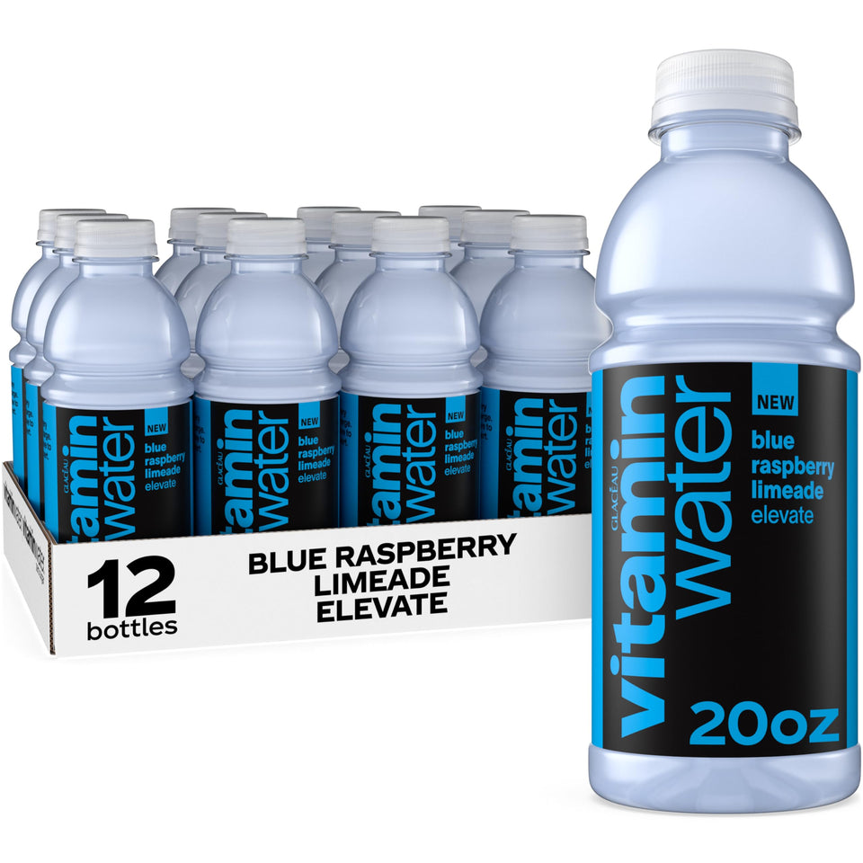 Vitaminwater Elevate blue raspberry limeade bottle delivers refreshing flavor and hydration.