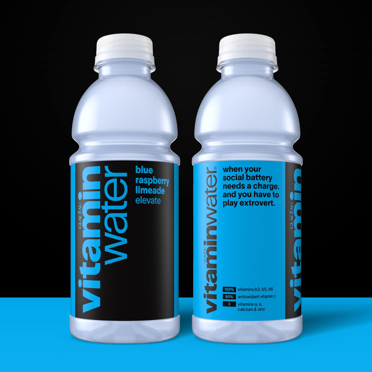 Vitaminwater Elevate nutrition facts label highlights essential vitamins and minerals.