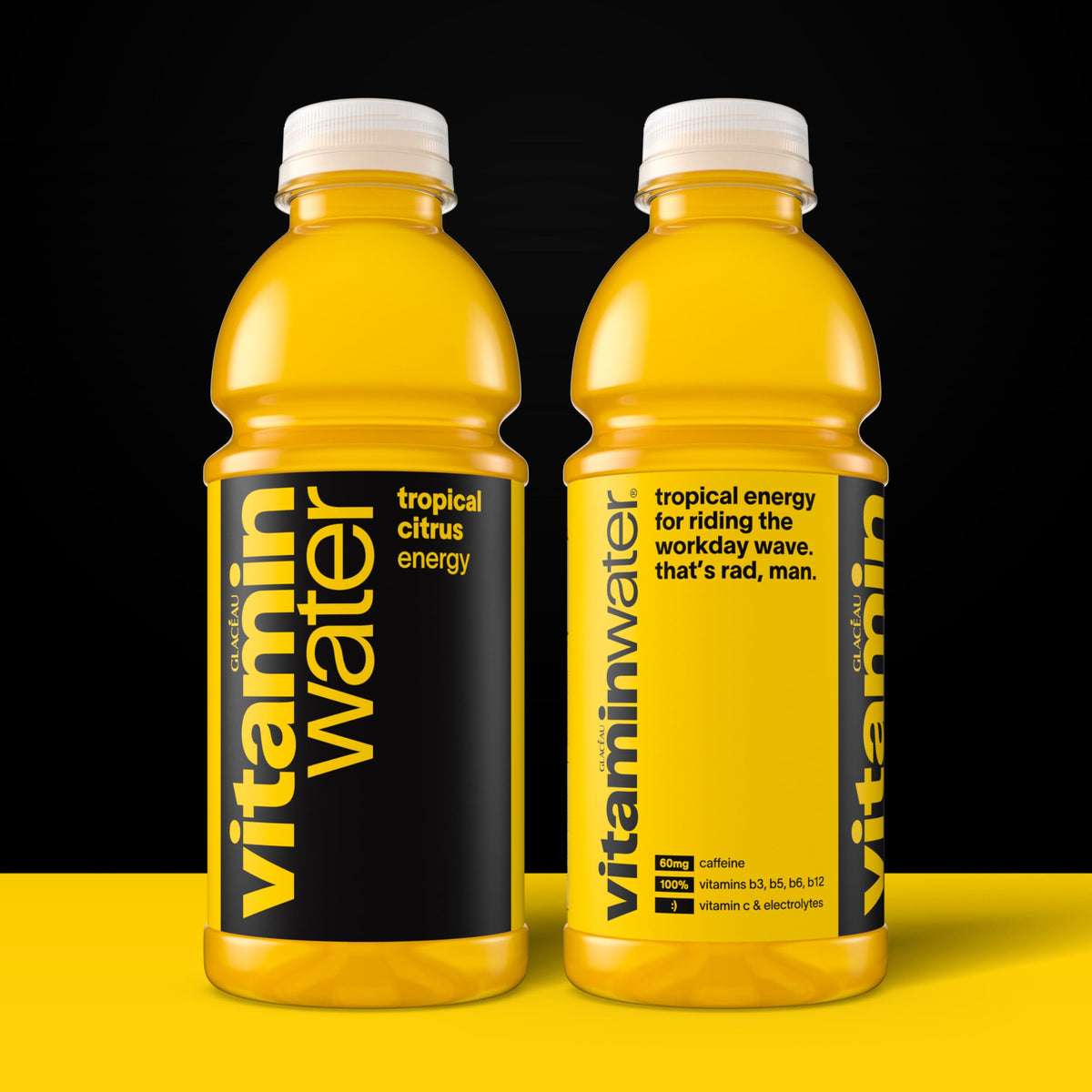 Vitaminwater Energy Tropical Citrus bottle side view highlighting 20 oz size.