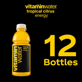 Vitaminwater Energy Tropical Citrus in a glass with ice for cooling flavor.