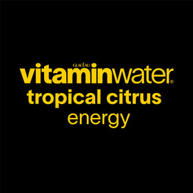 Vitaminwater Energy Tropical Citrus label close-up showing vitamin blend details.
