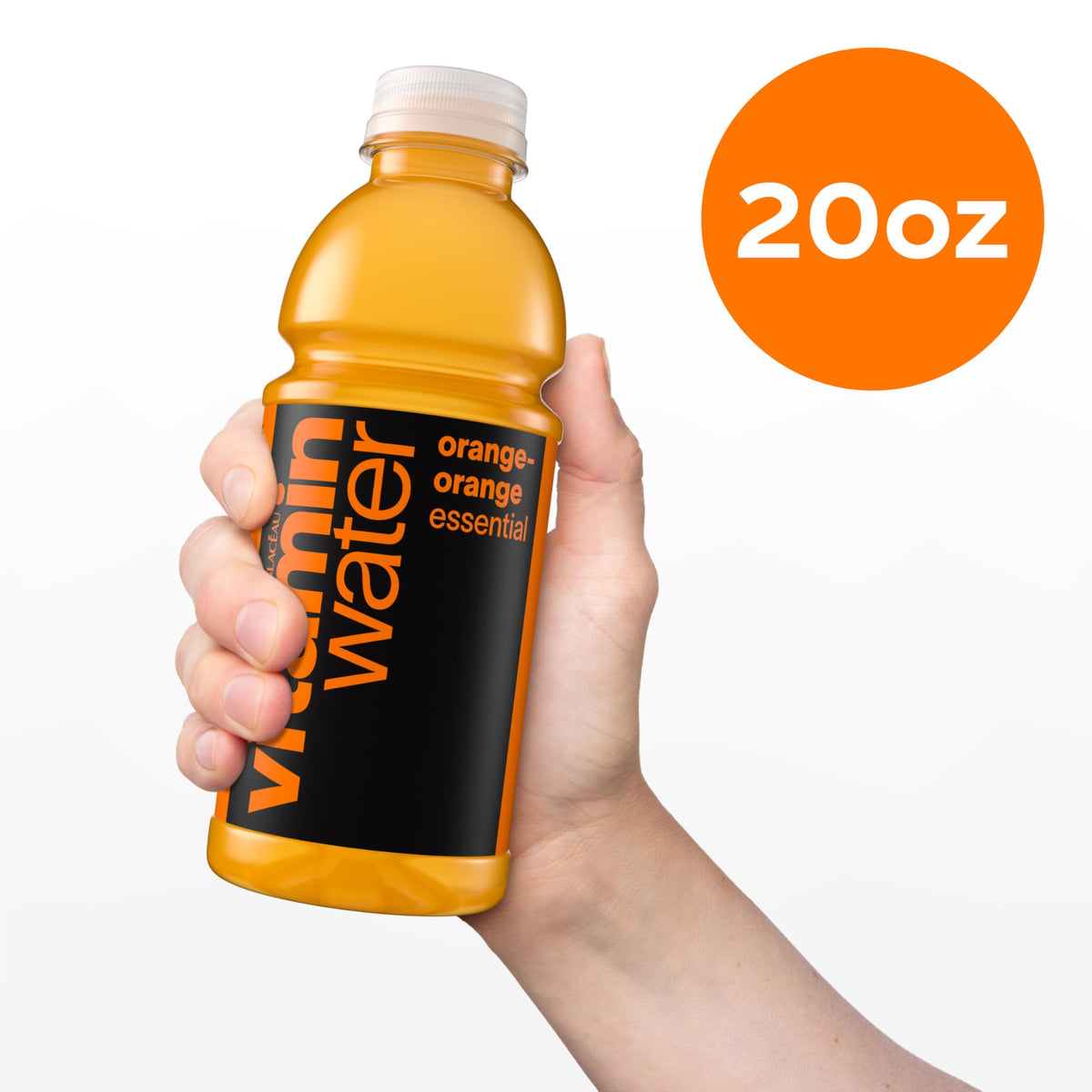 Nutrition facts panel on Vitaminwater Essential Orange-Orange bottle.