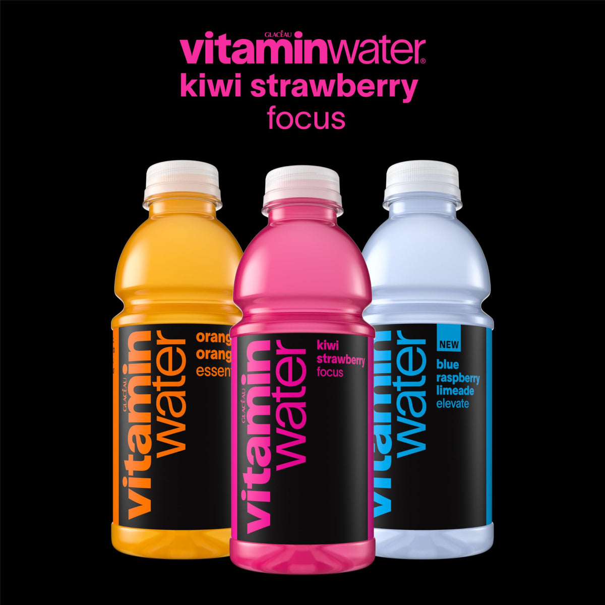 Vitaminwater Focus Kiwi Strawberry bottle on a desk suitable for study sessions.