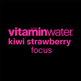 Vitaminwater Focus Kiwi Strawberry label close-up highlights vitamins and electrolytes.