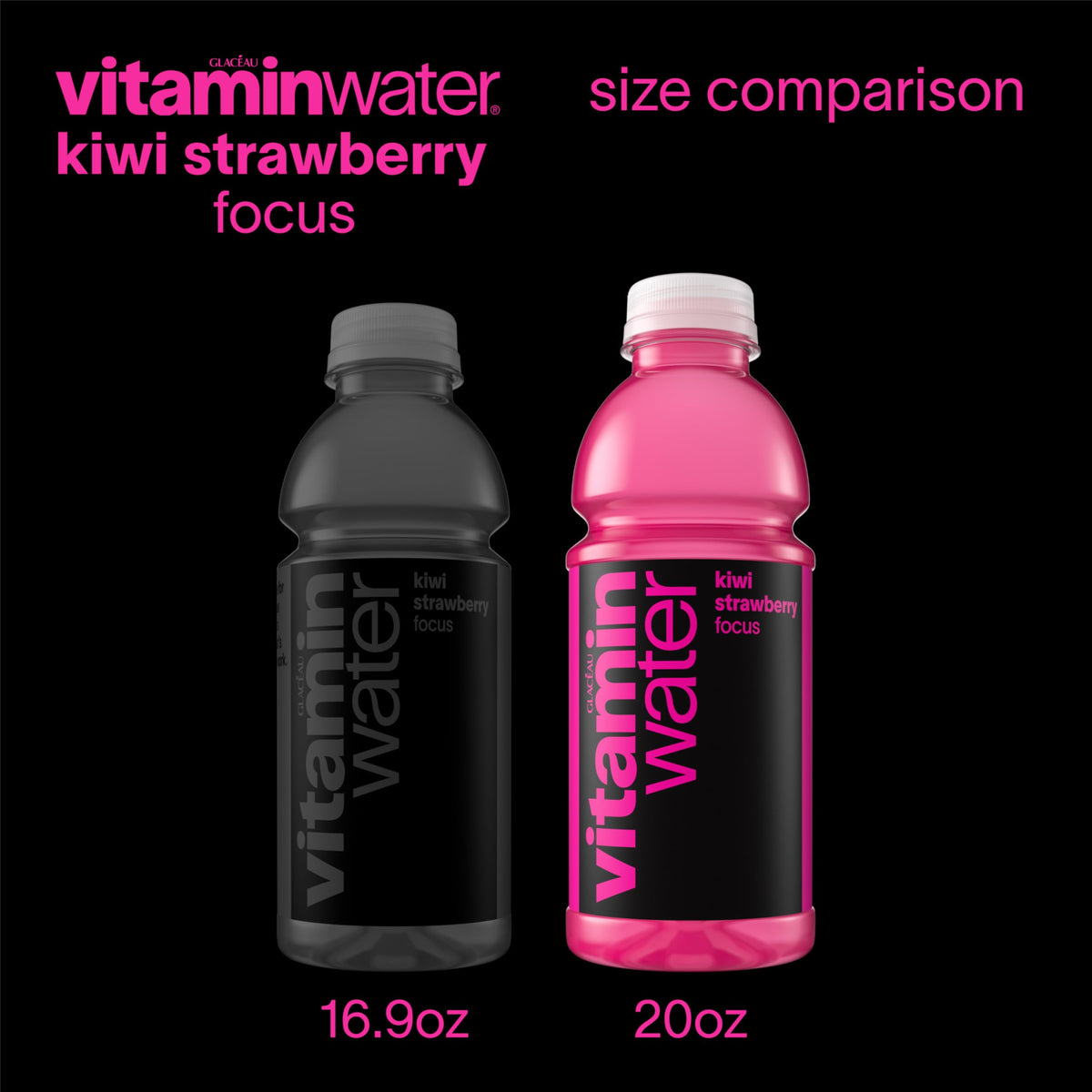 Vitaminwater Focus Kiwi Strawberry bottle shows the 20 oz size for daily hydration.