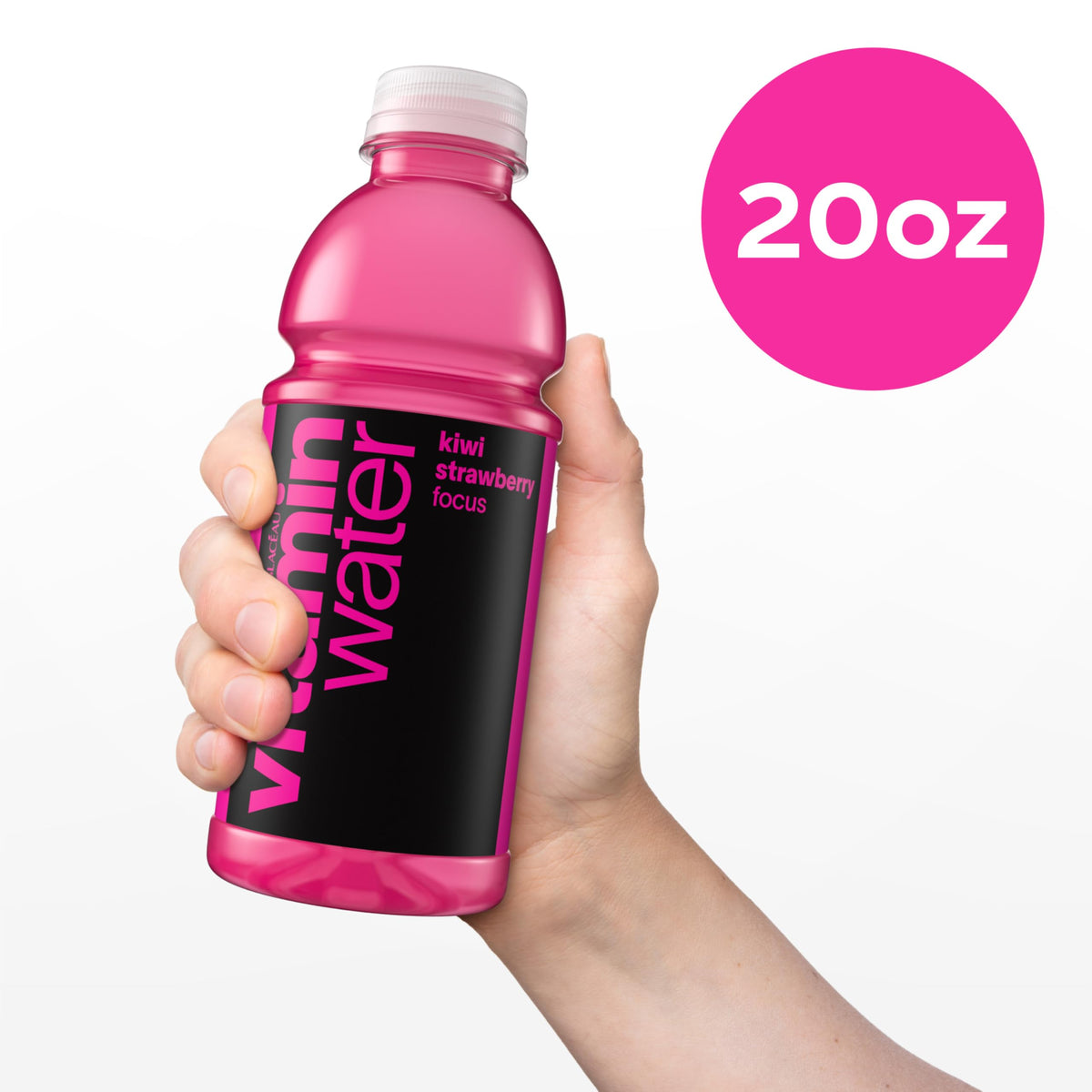 Vitaminwater Focus Kiwi Strawberry glass with splash conveys fruity refreshment.