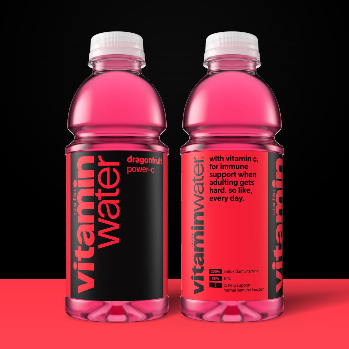 vitaminwater Power-C Dragonfruit bottle back shows nutrition facts and vitamin C punch