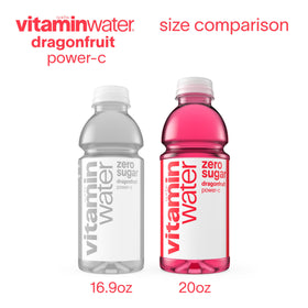 Vitaminwater Power-C Dragonfruit bottle pour into glass for sports hydration.