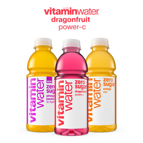 Vitaminwater Power-C Dragonfruit label closeup with vitamin facts.