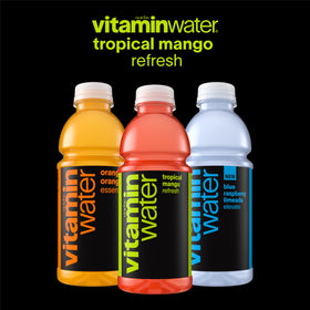 vitaminwater Refresh Tropical Mango back-panel focuses on vitamin details and electrolytes.
