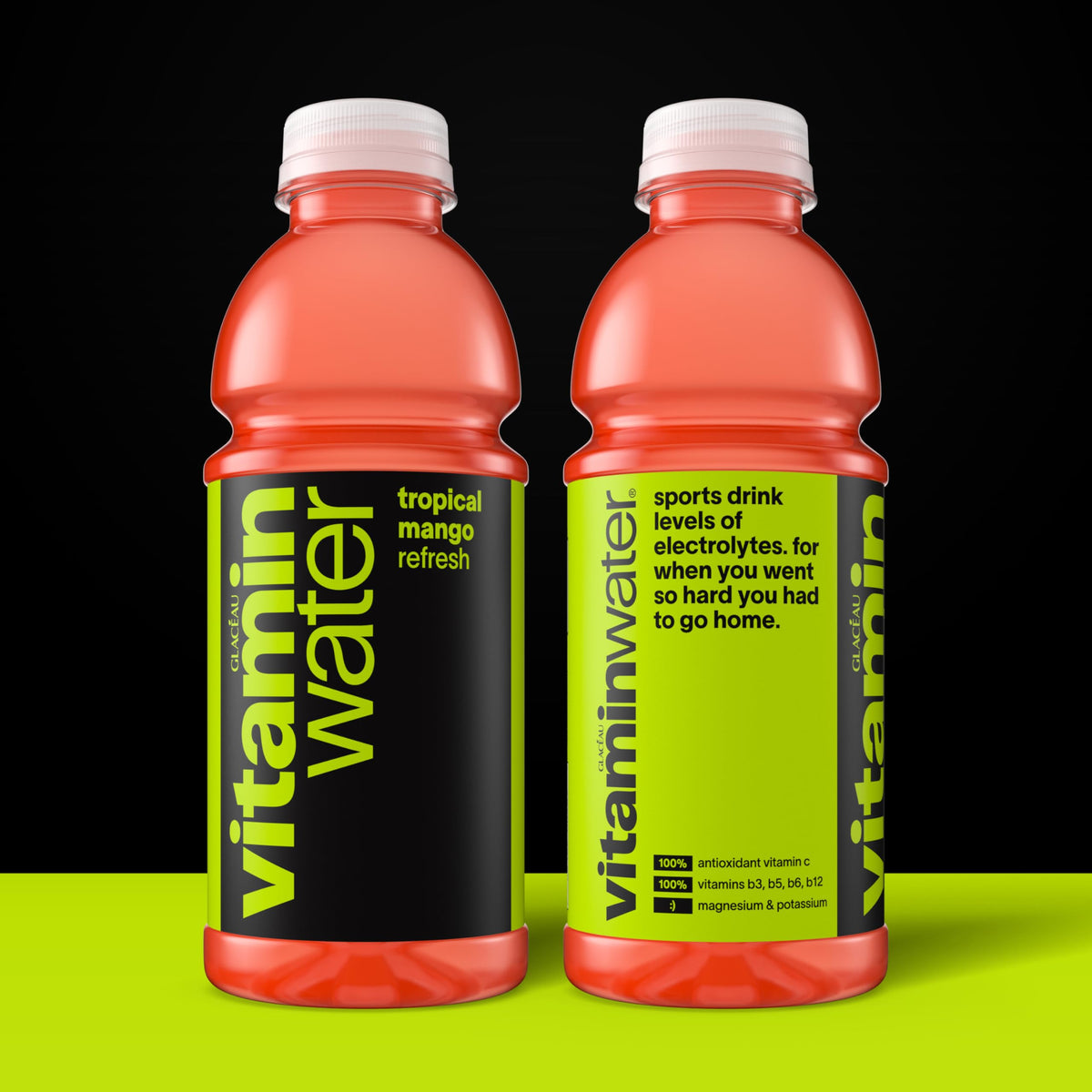 vitaminwater Refresh Tropical Mango label closeup showing nutrients for daily refresh.