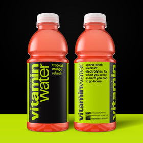 vitaminwater Refresh Tropical Mango label closeup showing nutrients for daily refresh.