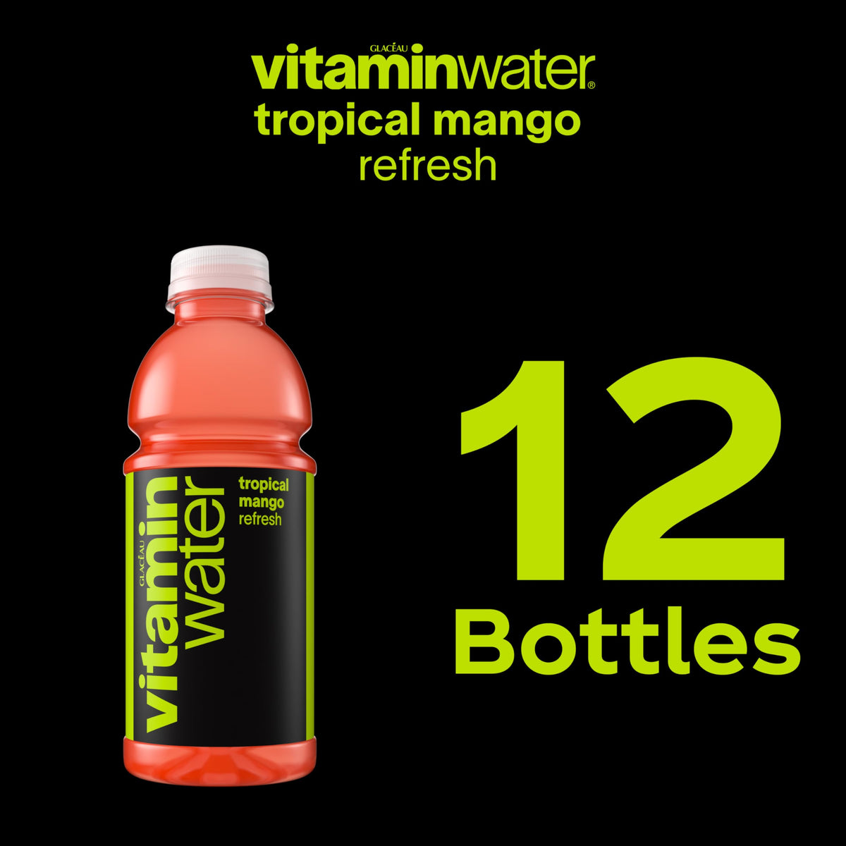 vitaminwater Refresh Tropical Mango pack-12 demonstrates convenient multi-bottle option.