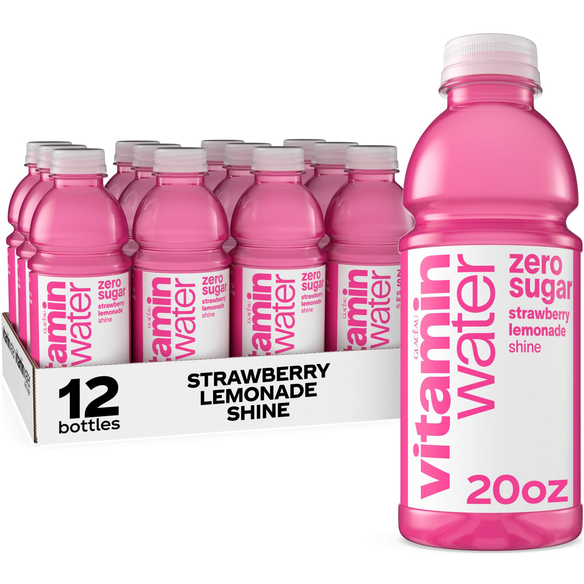 Vitaminwater Shine Strawberry Lemonade bottle front view, zero sugar hydration with vitamins
