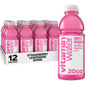 Vitaminwater Shine Strawberry Lemonade bottle front view, zero sugar hydration with vitamins
