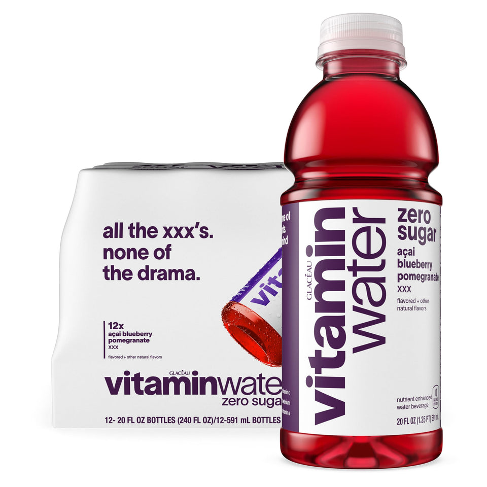 Vitaminwater XXX acai-blueberry-pomegranate bottle offers zero sugar hydration with essential vitamins