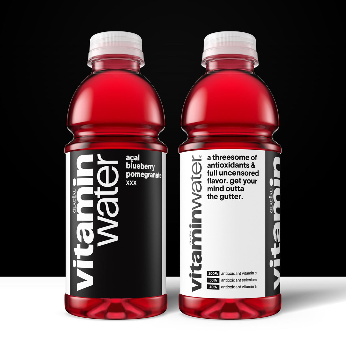 Vitaminwater XXX bottle label highlighting antioxidant and vitamin details for quick nutrient awareness