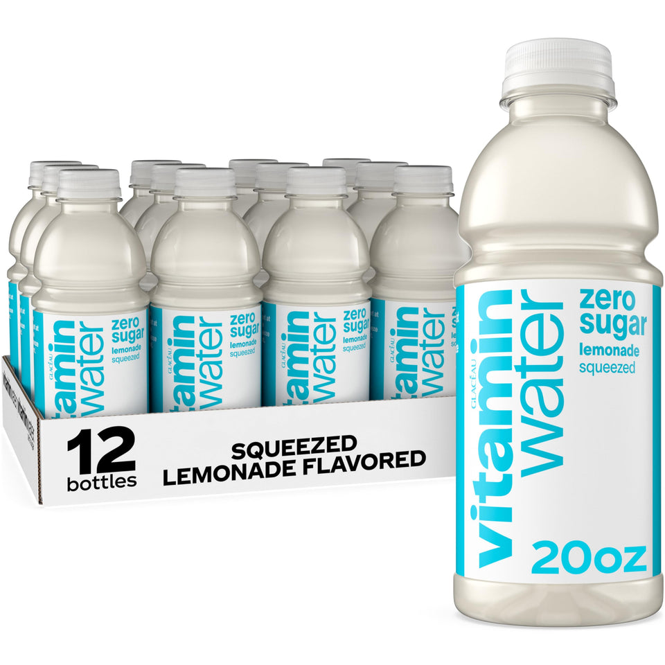 Vitaminwater Zero Sugar Squeezed Lemonade bottle front displays bright label and zero-calorie refreshment