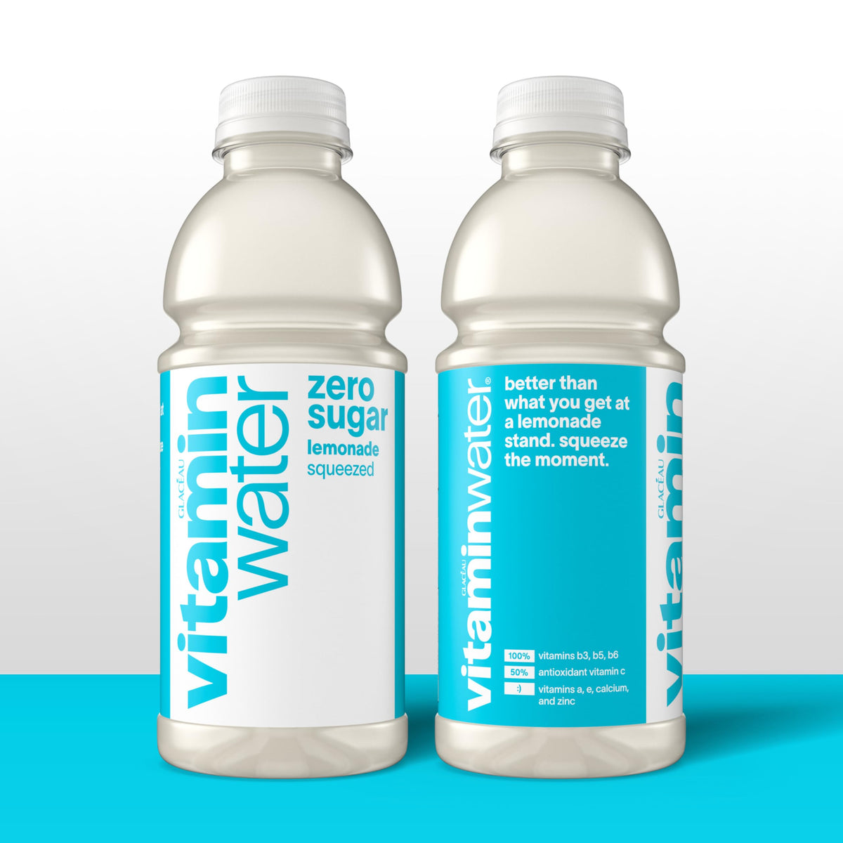 Pour shot of Vitaminwater Zero Sugar Squeezed Lemonade over ice for a refreshing sip