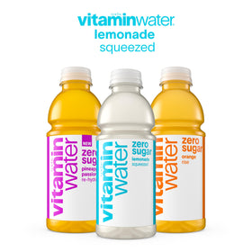Glass with straw of Vitaminwater Zero Sugar Squeezed Lemonade served cold