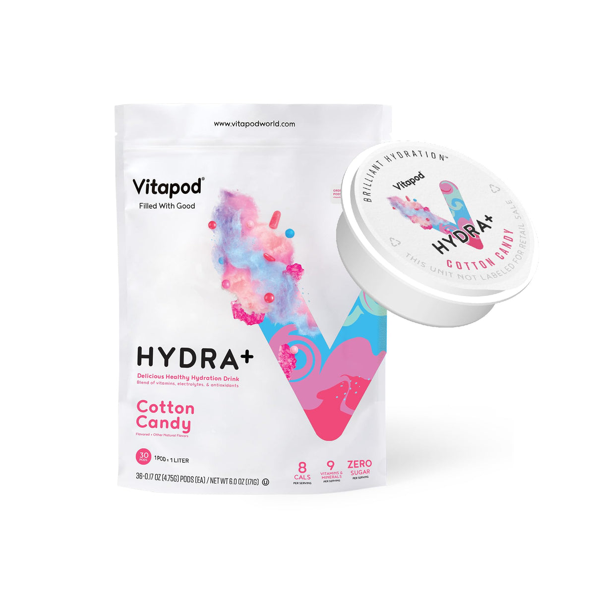 Vitapod Hydra+ Cotton Candy pod close-up highlighting sugar-free hydration with vitamins and minerals.